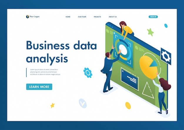 Joven equipo de empresarios dedicados al análisis de negocios en una tableta grande. Concepto de análisis de datos. Isométrica 3d Conceptos de página de aterrizaje y diseño web