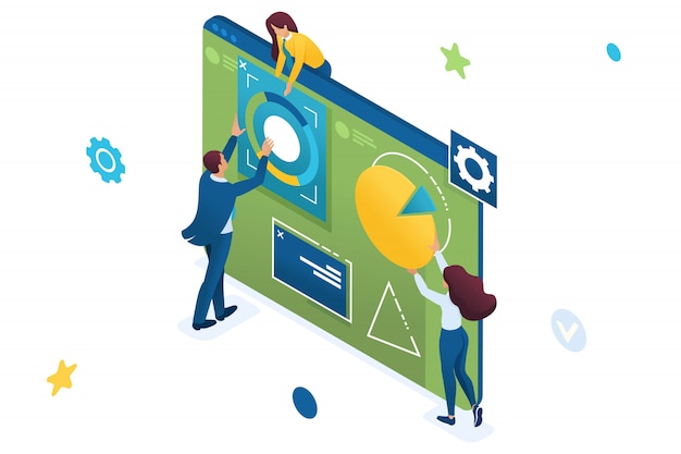 Joven equipo de empresarios dedicados al análisis de negocios en una tableta grande. Concepto de análisis de datos.