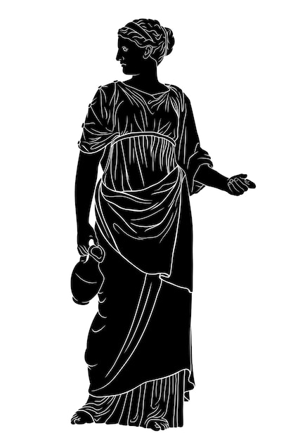 Una joven esbelta griega antigua se encuentra y sostiene una jarra de vino aislado sobre fondo blanco.