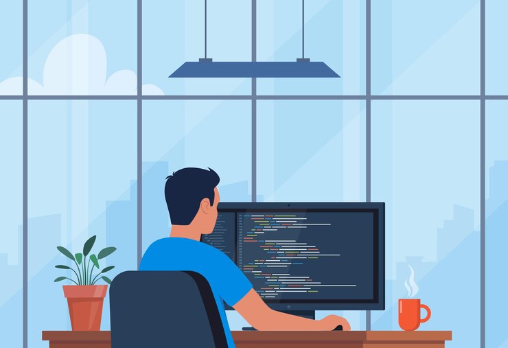 Vector joven escribiendo código en una computadora de escritorio desarrollador de software en el trabajo lugar de trabajo