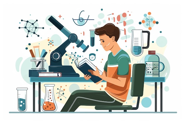 Joven en el escritorio leyendo ciencia