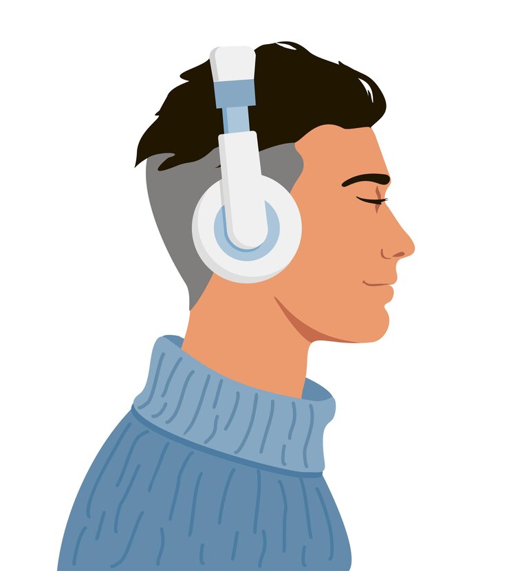 Vector joven escucha música con auriculares de un chico guapo escuchando música con auriculares