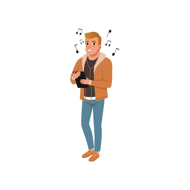 Vector joven escuchando música con auriculares ilustración vectorial aislada sobre un fondo blanco