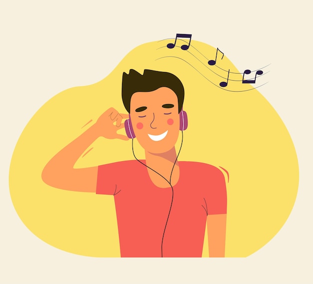 Vector joven escuchando música con auriculares. ilustración vectorial