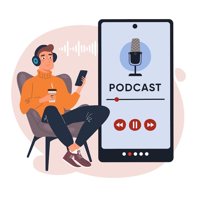 Un joven escuchando un podcast en su teléfono inteligente mientras se relaja en una silla con una taza de café