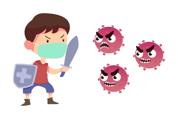 Joven con espada y escudo lucha con infección por coronavirus