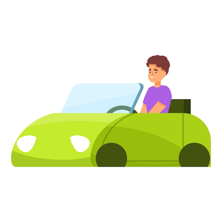Vector un joven está conduciendo su nuevo coche ecológico