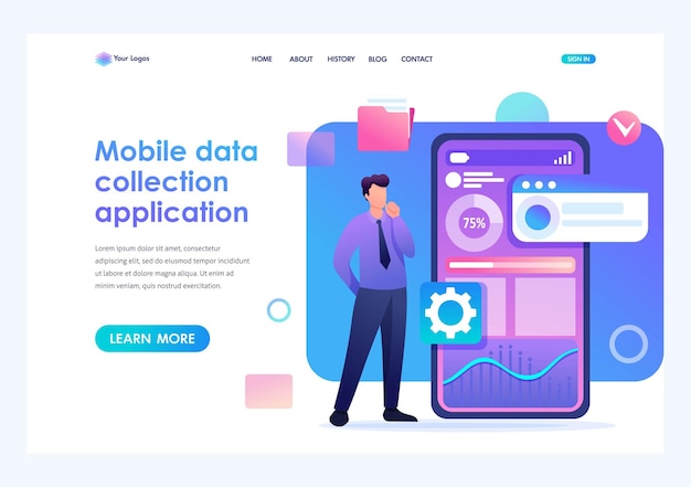 El joven está desarrollando una aplicación móvil para la recopilación de datos Conceptos de página de aterrizaje de personajes 2D planos y diseño web