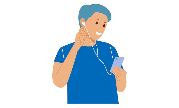 Joven está escuchando música en el teléfono