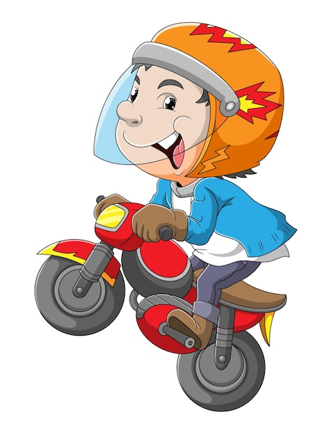 El joven está montando la motocicleta con el estilo libre de la ilustración.