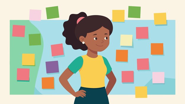 Una joven está de pie frente a un tablero lleno de coloridas notas de postit cada una representando un