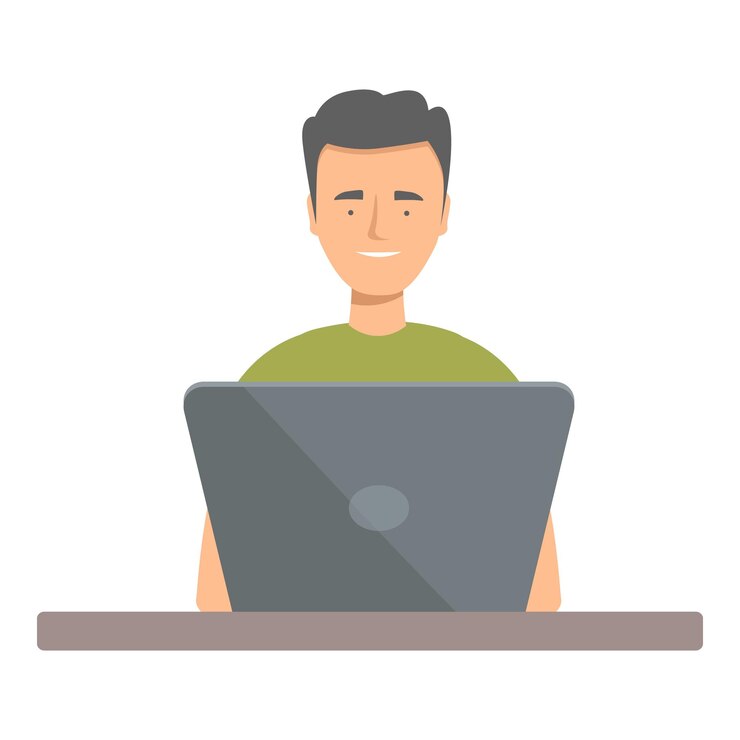 Vector un joven está sentado en un escritorio trabajando en su portátil y sonriendo