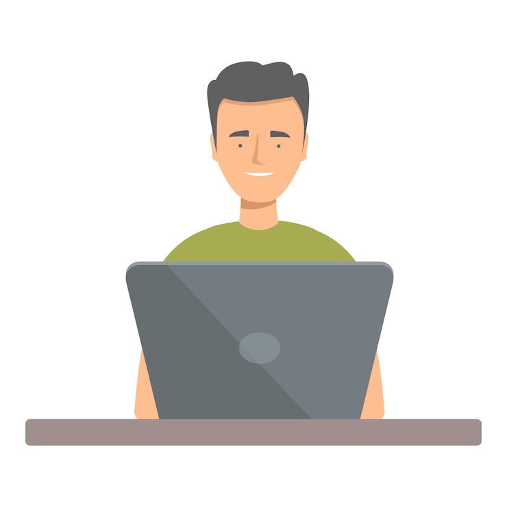 Vector un joven está sentado en un escritorio trabajando en su portátil y sonriendo