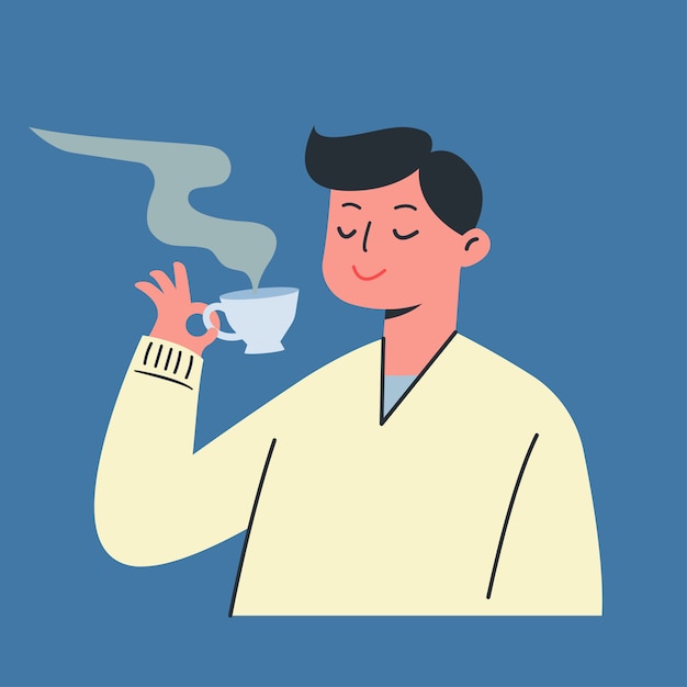 Joven está sosteniendo una taza de té. Café caliente en invierno, ilustración vectorial.