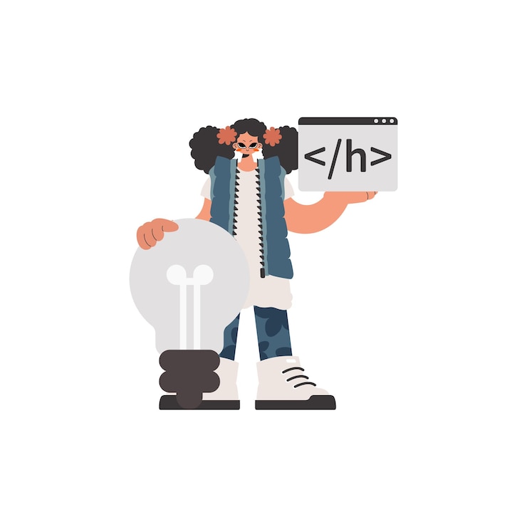 Vector la joven está sosteniendo una ventana del navegador con una imagen de programación y además está de pie cerca de una enorme bombilla desconectada en una base blanca ilustración vectorial de estilo trendy