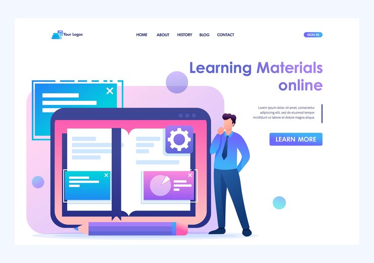 Vector el joven estudia los materiales de las lecciones en formato electrónico conceptos de página de destino y diseño web de personajes planos en 2d