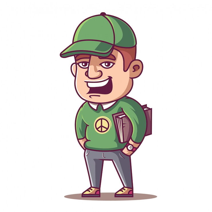 Vector joven estudiante masculino con una gorra y un libro en sus manos.