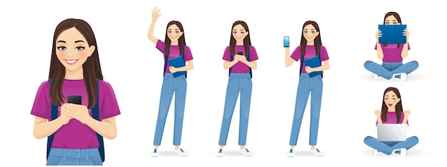 Joven estudiante con mochila y libro en diferentes posturas con teléfono y portátil vector aislado