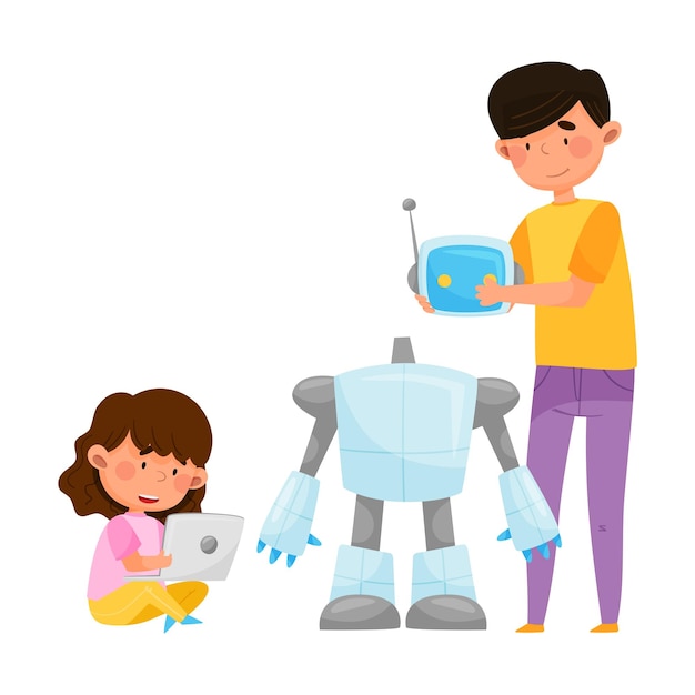 Vector un joven estudiante de pie con un niño y controlando un robot con una ilustración vectorial de tableta