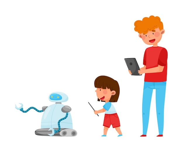 Un joven estudiante de pie con un niño y controlando un robot con una ilustración vectorial de tableta