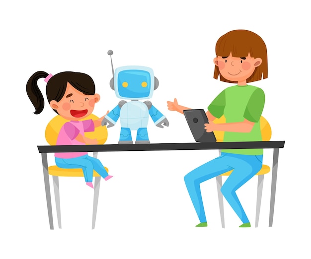 Una joven estudiante sentada con un niño en la mesa y controlando un robot con una ilustración vectorial de tableta