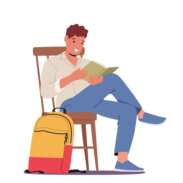 Joven estudiante sentado en una silla con el libro en las manos aislado sobre fondo blanco Lectura de ratón de biblioteca de personaje masculino