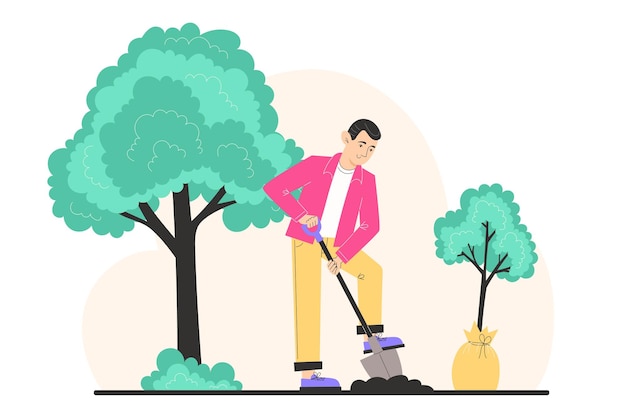 Un joven excava el suelo con una pala y planta un árbol joven