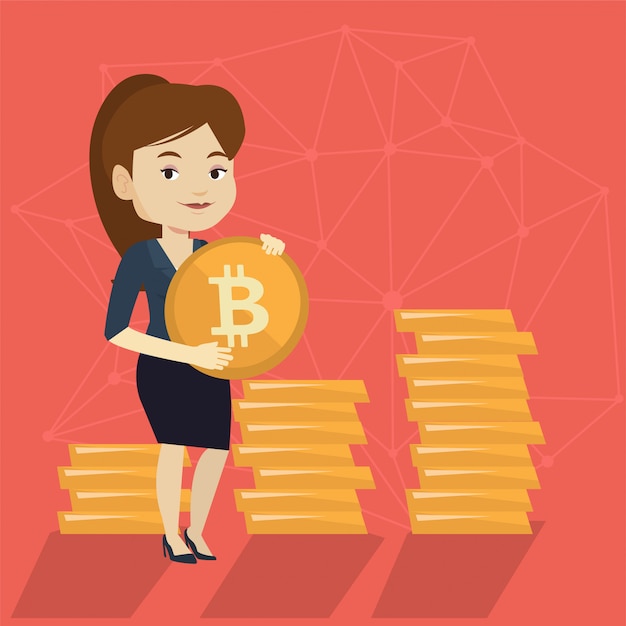 Joven exitosa mujer de negocios con moneda bitcoin.