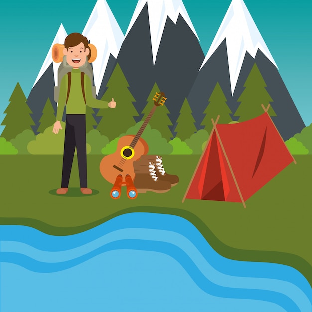 joven explorador en la escena de la zona de acampada