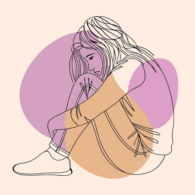 Una joven con expresión facial triste y pasando por la depresión sentada en el suelo de carácter plano