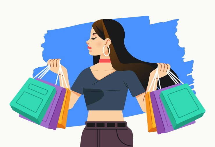 Vector joven felicidad alegre adicta a las compras elegante mujer de moda en la tienda del centro comercial llevando bolsas de compras