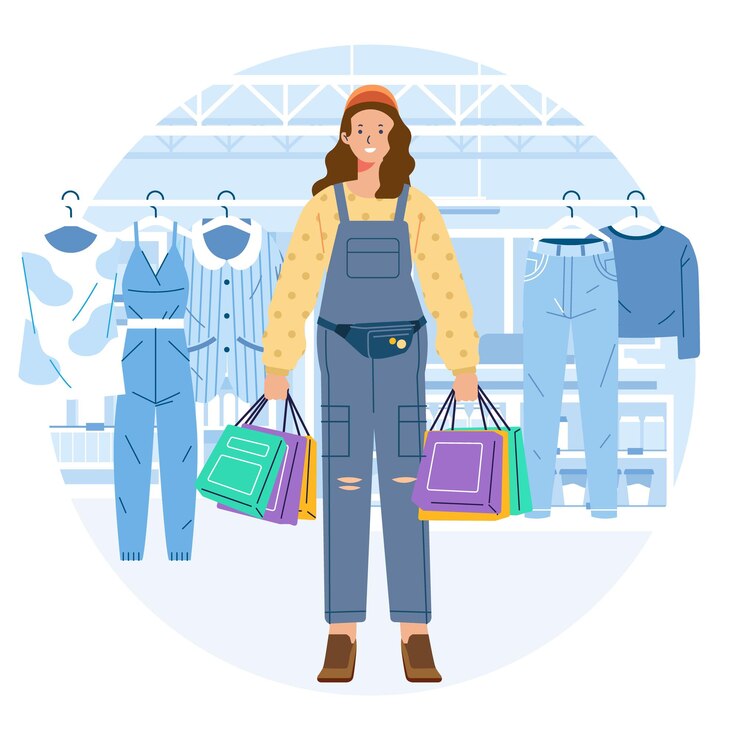 Vector joven felicidad alegre adicta a las compras elegante mujer de moda en la tienda del centro comercial llevando bolsas de compras