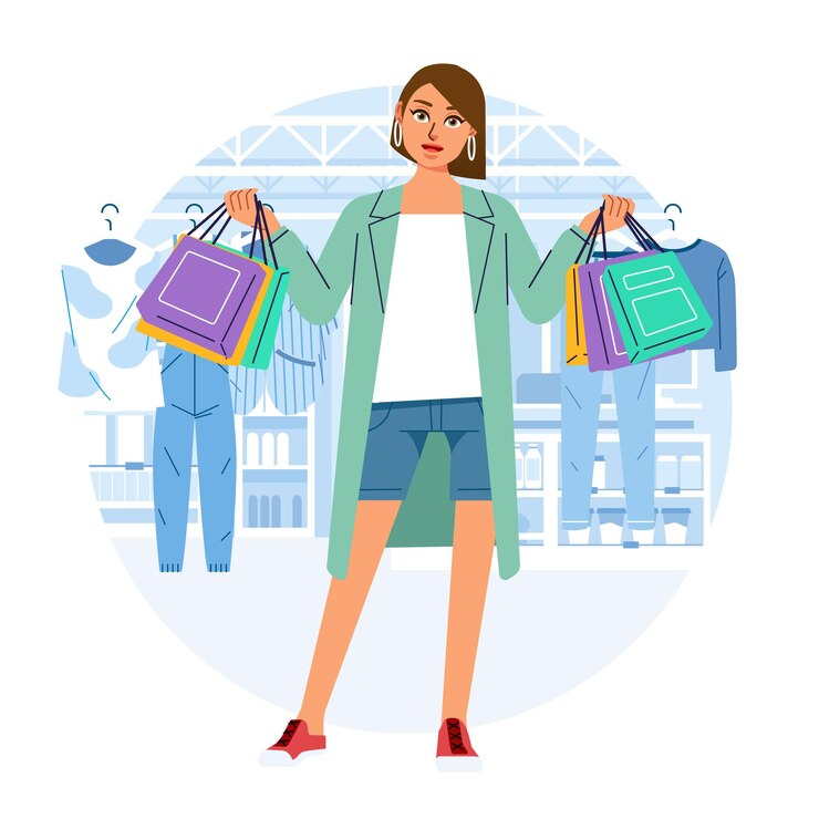 Vector joven felicidad alegre adicta a las compras elegante mujer de moda en la tienda del centro comercial llevando bolsas de compras