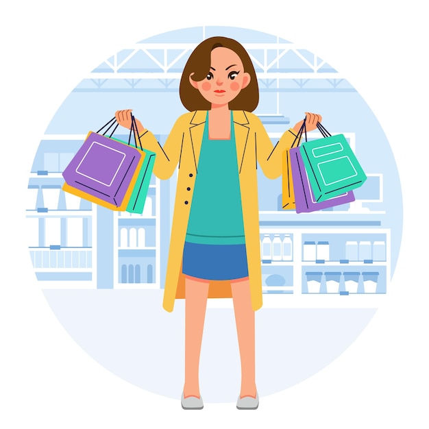 Joven felicidad alegre adicta a las compras elegante mujer de moda en la tienda del centro comercial llevando bolsas de compras