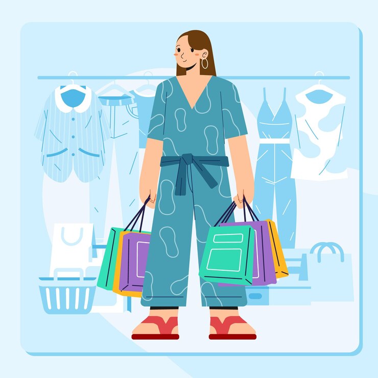 Vector joven felicidad alegre adicta a las compras elegante mujer de moda en la tienda del centro comercial llevando bolsas de compras
