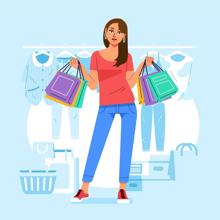 Vector joven felicidad alegre adicta a las compras elegante mujer de moda en la tienda del centro comercial llevando bolsas de compras