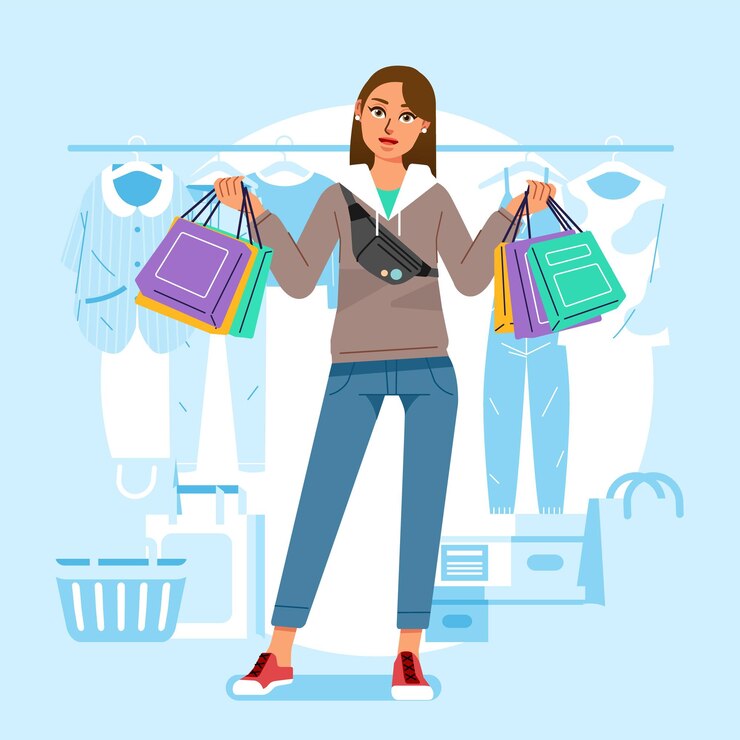 Vector joven felicidad alegre adicta a las compras elegante mujer de moda en la tienda del centro comercial llevando bolsas de compras