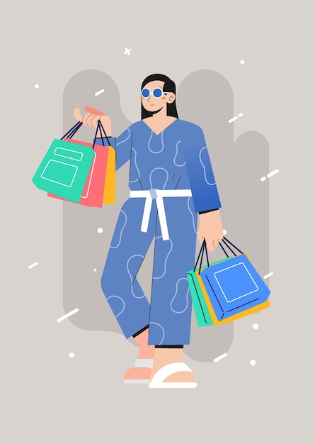Joven felicidad alegre adicta a las compras elegante mujer de moda en la tienda del centro comercial llevando bolsas de compras