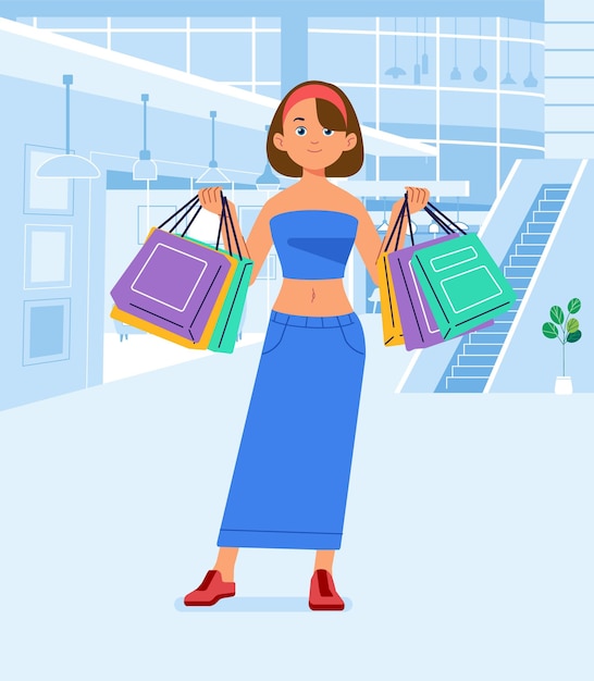 Joven felicidad alegre adicta a las compras elegante mujer de moda en la tienda del centro comercial llevando bolsas de compras