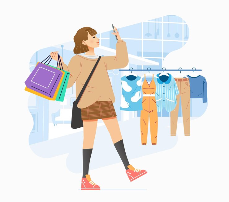 Vector joven felicidad alegre adicta a las compras elegante mujer de moda en la tienda del centro comercial llevando bolsas de compras