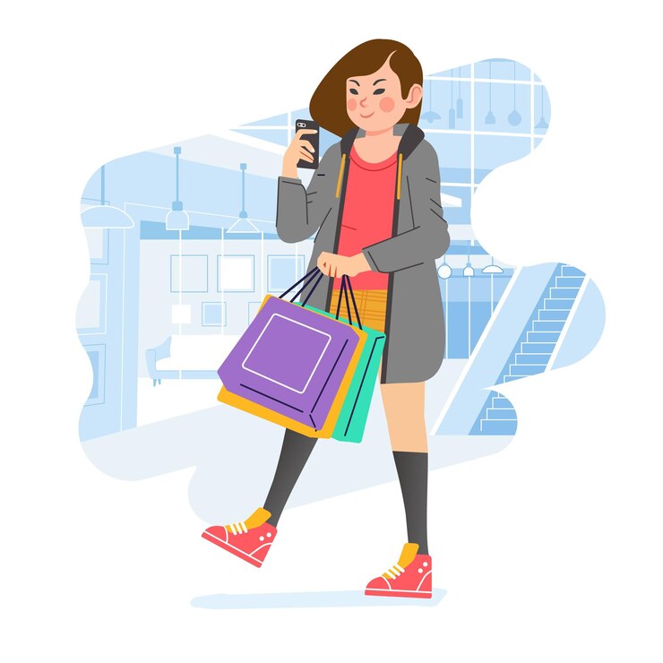 Vector joven felicidad alegre adicta a las compras elegante mujer de moda en la tienda del centro comercial llevando bolsas de compras