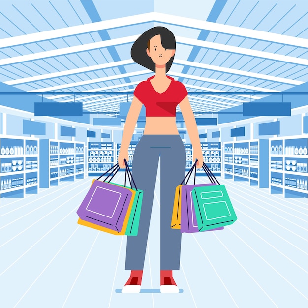Joven felicidad alegre adicta a las compras elegante mujer de moda en la tienda del centro comercial llevando bolsas de compras