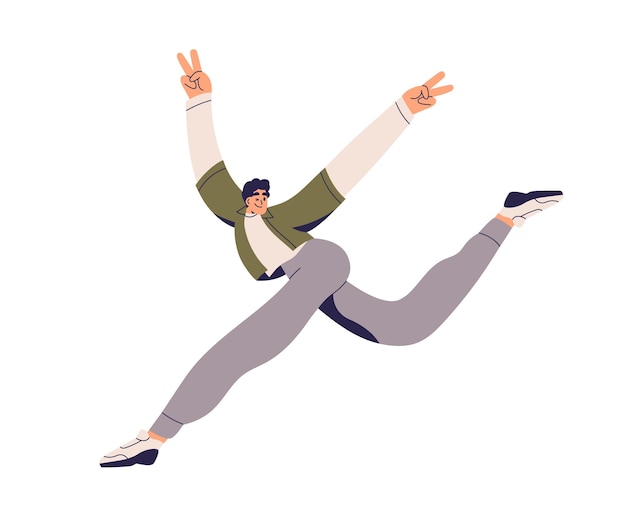 Joven feliz corriendo con emoción positiva persona libre activa emocionada sintiendo libertad alegría gestando signo de paz personaje animado en movimiento ilustración vectorial plana aislada sobre fondo blanco