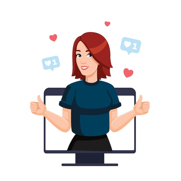 La joven feliz está mostrando los pulgares con ambas manos desde el monitor de la computadora Me gusta en las redes sociales Vector