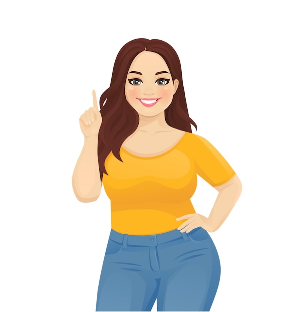 Vector joven feliz hermosa mujer de talla grande con jeans apuntando hacia arriba ilustración vectorial aislada