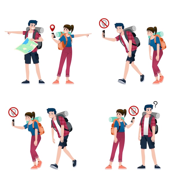 Vector joven feliz hombre y mujer turistas personaje de dibujos animados plana alrededor del mundo viajando hombres y mujeres en un viaje de vacaciones de verano aislado sobre fondo blanco