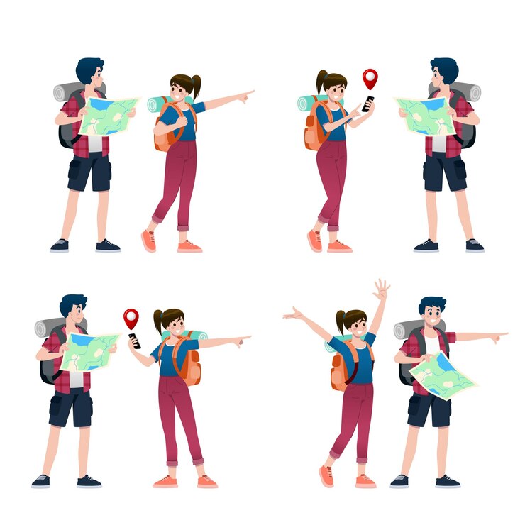 Vector joven feliz hombre y mujer turistas personaje de dibujos animados plana alrededor del mundo viajando hombres y mujeres en un viaje de vacaciones de verano aislado sobre fondo blanco