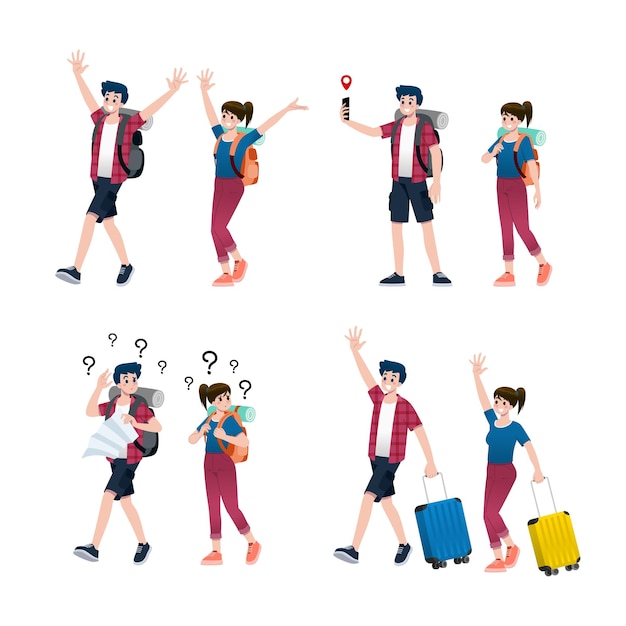 Vector joven feliz hombre y mujer turistas personaje de dibujos animados plana alrededor del mundo viajando hombres y mujeres en un viaje de vacaciones de verano aislado sobre fondo blanco