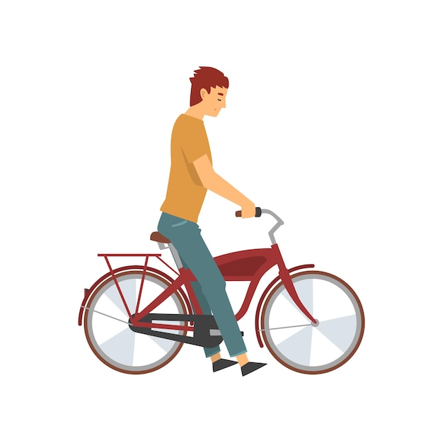 Joven feliz montando en bicicleta personaje ciclista masculino en ilustración vectorial de bicicleta