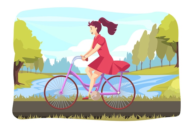Vector joven feliz personaje de mujer o niña montando bicicleta en el parque o plaza